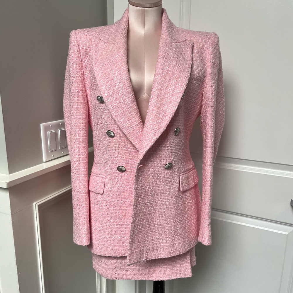 Zara Pink Tweed Double-Breasted Blazer NWT